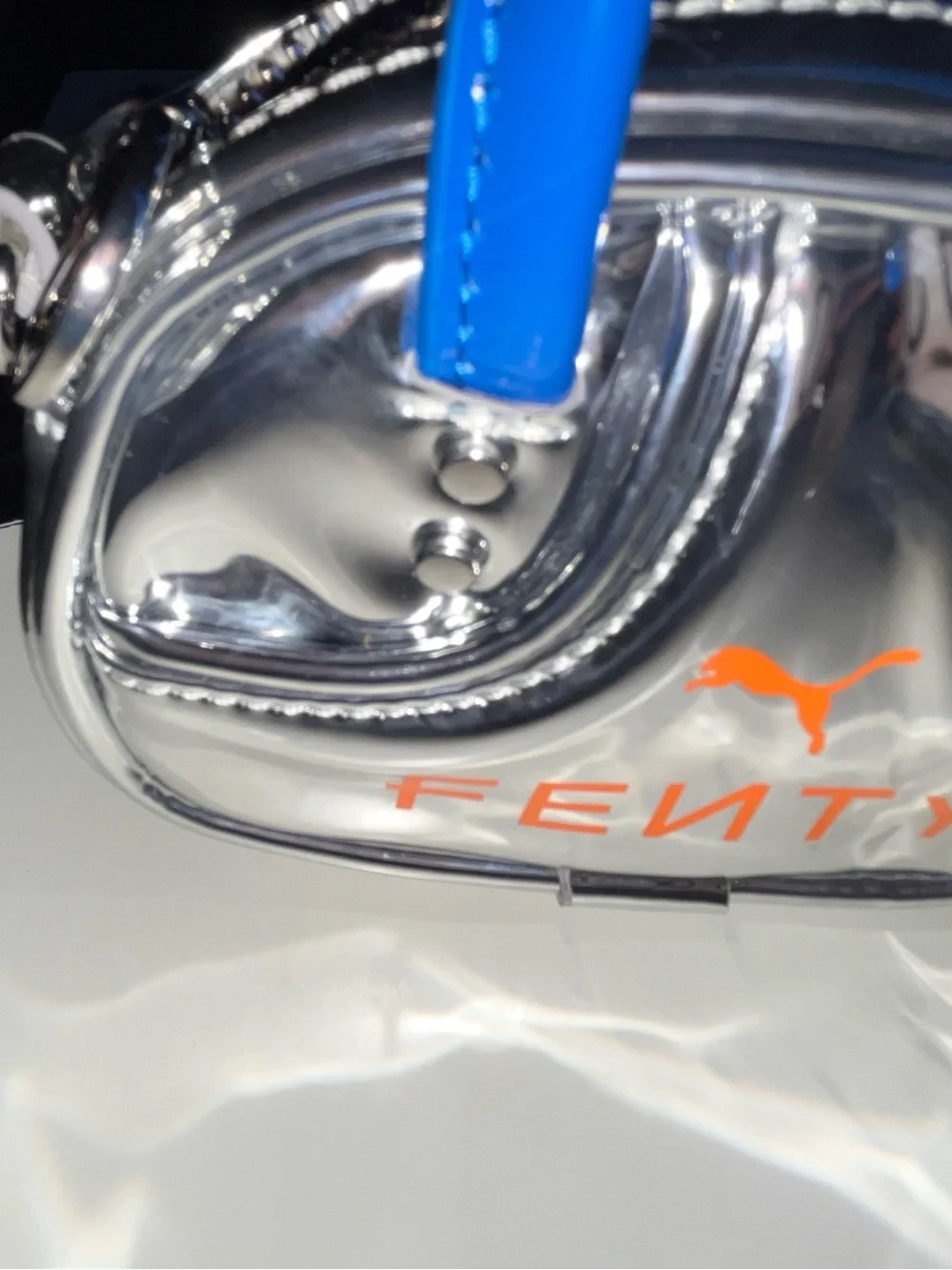 PUMA FENTY Metallic Silver Mini Bag with Blue Strap